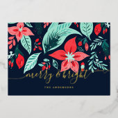 Christmas Blue Botanical Floral Gold Folie Feestdagenkaart (Voorkant)