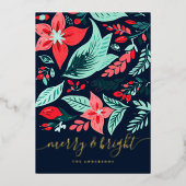 Christmas Blue Botanical Red Floral Pattern Gold Folie Feestdagenkaart (Voorkant)