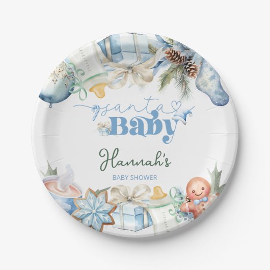 Christmas Blue Boy Santa Baby shower Papieren Bordje (Voorkant)
