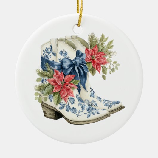Christmas Blue Chinoiserie Cowgirl Boots Keramisch Ornament (Voorkant)