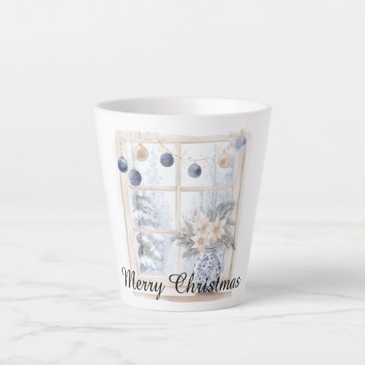 Christmas Blue Cream Ornaments Flowers Tree Window Latte Mok (Voorkant)