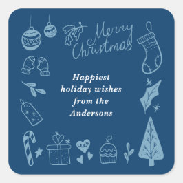 Christmas Blue Cute Festive Hand Drawn Doodles Vierkante Sticker