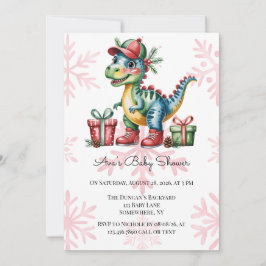 Christmas Blue Dino and Presents Boy Baby Shower Kaart