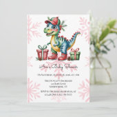 Christmas Blue Dino and Presents Boy Baby Shower Kaart (Staand voorkant)
