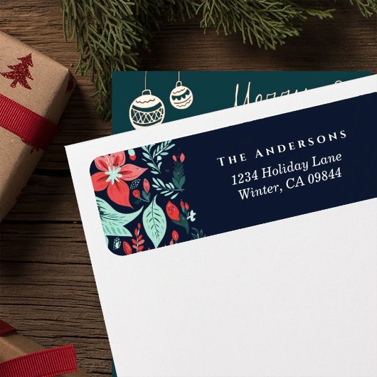 Christmas Blue Elegant Red Holiday Floral Address Etiket