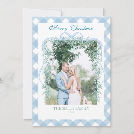 Christmas Blue Gingham Garland Grandmillenial Feestdagenkaart (Voorkant)