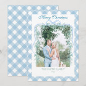 Christmas Blue Gingham Garland Grandmillenial Feestdagenkaart (Voorkant / Achterkant)