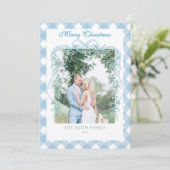 Christmas Blue Gingham Garland Grandmillenial Feestdagenkaart (Staand voorkant)