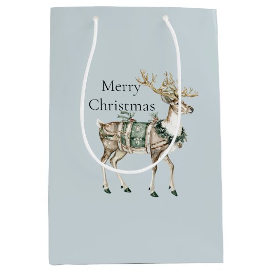 Christmas Blue Green Deer Medium Cadeauzakje (Voorkant)