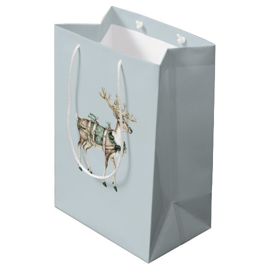 Christmas Blue Green Deer Medium Cadeauzakje (Achterkant Gekanteld)