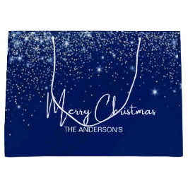 Christmas blue silver white glitter family name  groot cadeauzakje