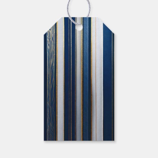 Christmas Blues Stripes blauw wit goud Cadeaulabel (Voorkant)