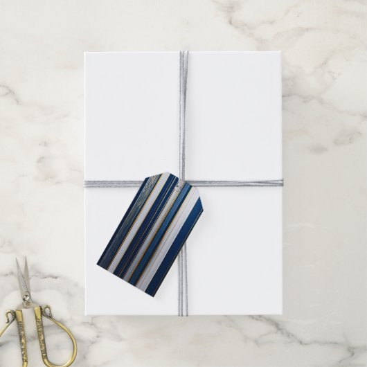 Christmas Blues Stripes blauw wit goud Cadeaulabel (Met Touw)