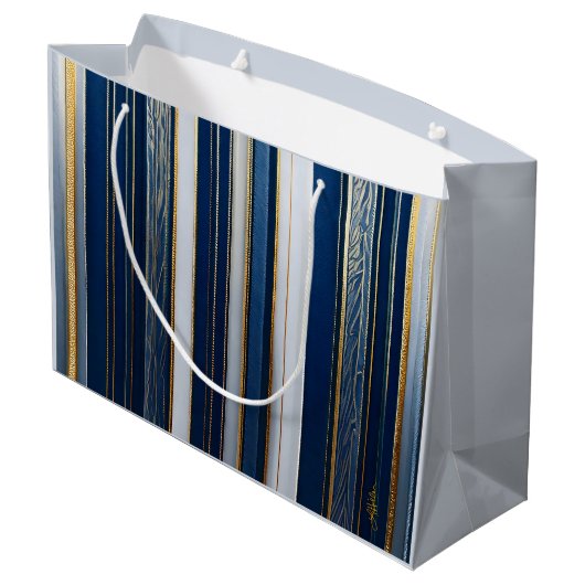 Christmas Blues Stripes blauw wit goud Groot Cadeauzakje (Achterkant Gekanteld)