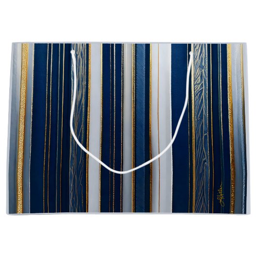 Christmas Blues Stripes blauw wit goud Groot Cadeauzakje (Voorkant)