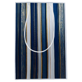 Christmas Blues Stripes blauw wit goud Medium Cadeauzakje