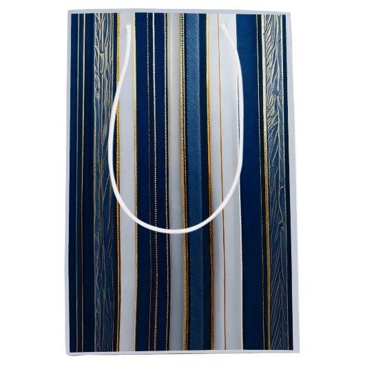 Christmas Blues Stripes blauw wit goud Medium Cadeauzakje (Voorkant)