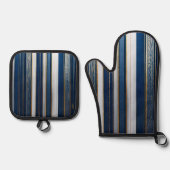 Christmas Blues Stripes blauw wit goud Ovenwant & Pannenlap Set (Voorkant)