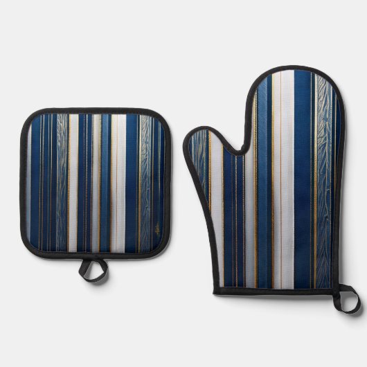 Christmas Blues Stripes blauw wit goud Ovenwant & Pannenlap Set (Voorkant)