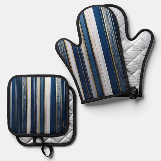 Christmas Blues Stripes blauw wit goud Ovenwant & Pannenlap Set (Voorkant / Achterkant)