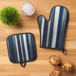 Christmas Blues Stripes blauw wit goud Ovenwant & Pannenlap Set