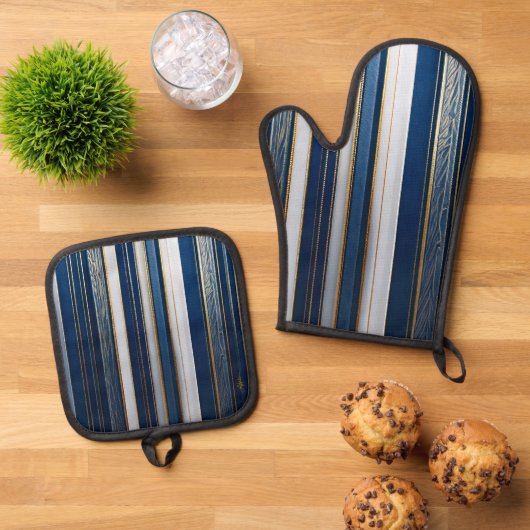 Christmas Blues Stripes blauw wit goud Ovenwant & Pannenlap Set (Top down)