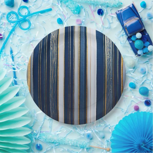 Christmas Blues Stripes blauw wit goud Papieren Bordje (Feest)