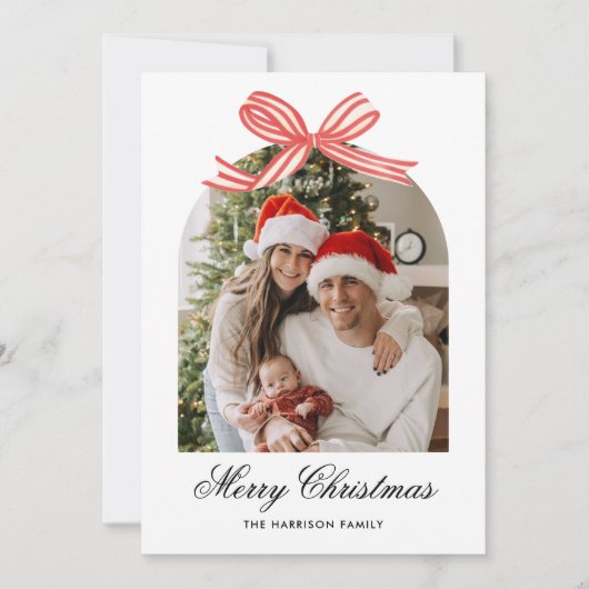  Christmas Boho Red Bow Ribbon 2 Photo Feestdagenkaart (Voorkant)