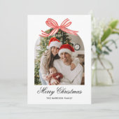 Christmas Boho Red Bow Ribbon 2 Photo Feestdagenkaart (Staand voorkant)