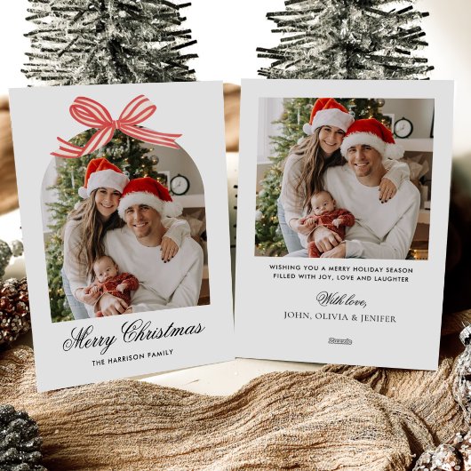  Christmas Boho Red Bow Ribbon 2 Photo Feestdagenkaart