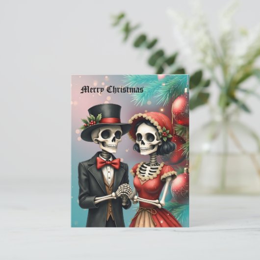 Christmas Bone Romance, A festive skeleton couple. Feestdagenkaart (Staand voorkant)