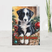 Christmas Border Collie puppy in een mand Feestdagen Kaart (Voorkant)