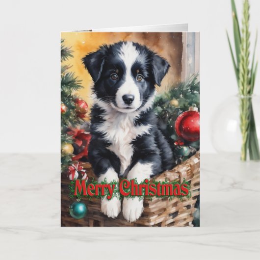 Christmas Border Collie puppy in een mand Feestdagen Kaart (Voorkant)