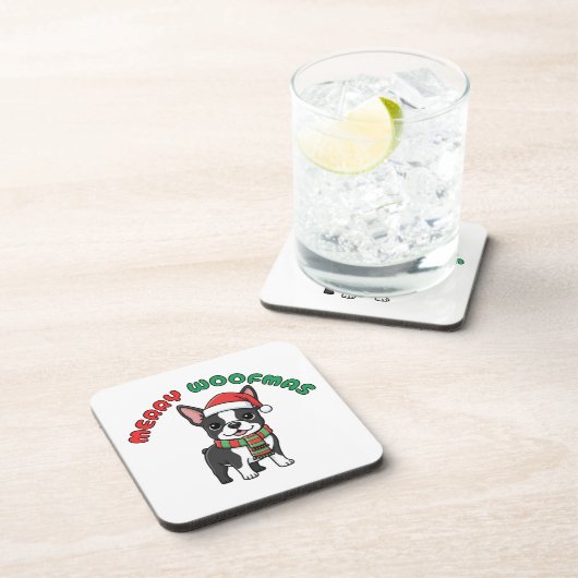 Christmas Boston Terrier Coaster: Merry Woofmas Bier Onderzetter (Rechterzijde)