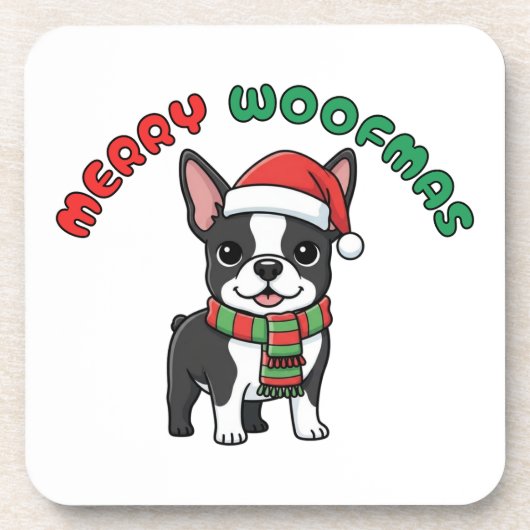Christmas Boston Terrier Coaster: Merry Woofmas Bier Onderzetter (Voorkant)