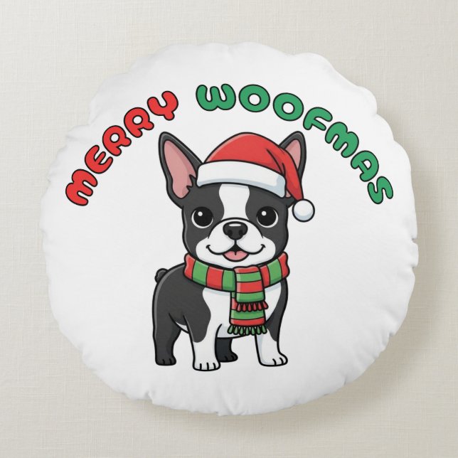 Christmas Boston Terrier Pillow: Merry Woofmas Rond Kussen (Voorkant)