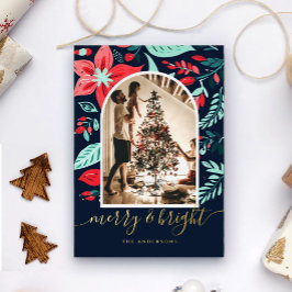 Christmas  Botanical Floral Blue Arch Photo Gold Folie Feestdagenkaart