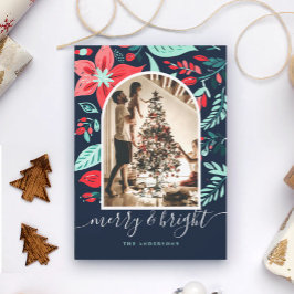 Christmas Botanical Red Floral Blue Arch Photo Feestdagenkaart