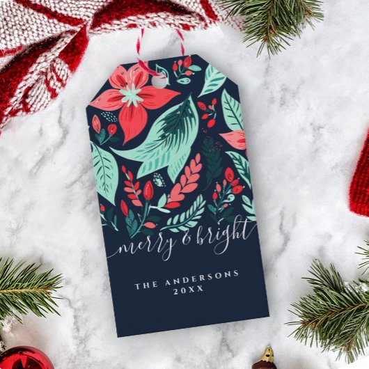 Christmas Botanical Red Floral Blue Holiday Cadeaulabel
