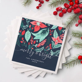 Christmas Botanical Red Floral Blue Holiday Party Servet