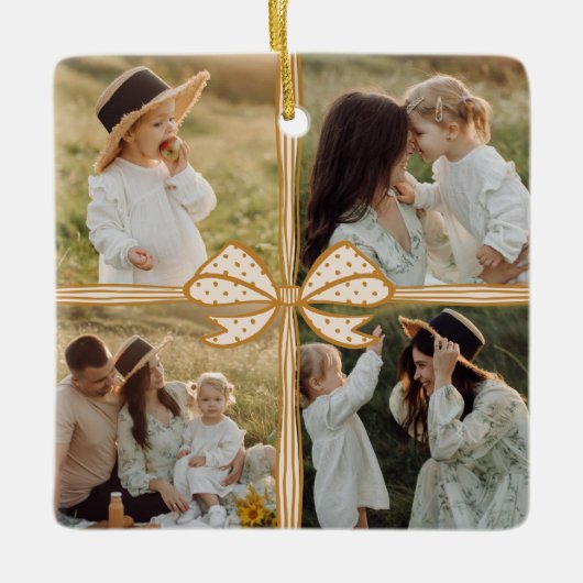 Christmas Bow Cadeau Vier Fotocollage Keepsake Keramisch Ornament (Voorkant)