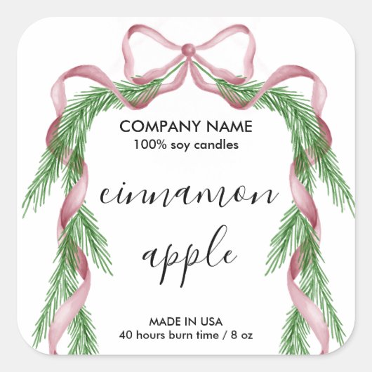 Christmas Bow Ribbon Floral Candle productlabel Vierkante Sticker (Voorkant)