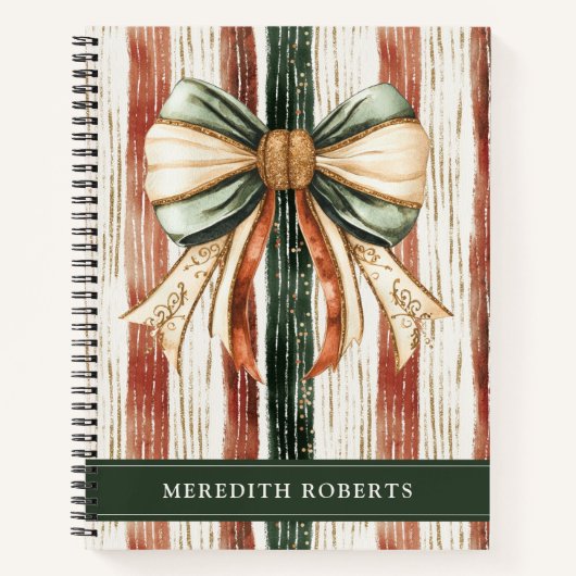 Christmas Bow Rustic Stripes Personalized Notitieboek (Voorkant)