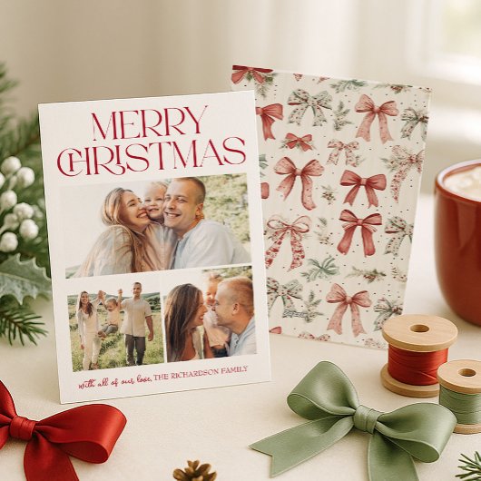 Christmas Bow Three Photo Feestdagenkaart