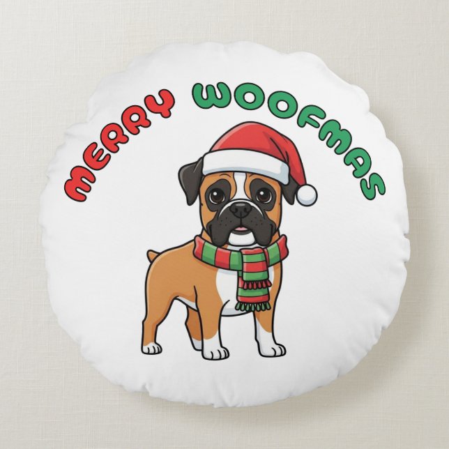 Christmas Boxer Round Pillow: Merry Woofmas Rond Kussen (Voorkant)