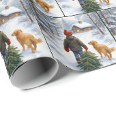 Christmas Boy Dragging an Evergreen Tree Home Cadeaupapier (Rol Hoek)