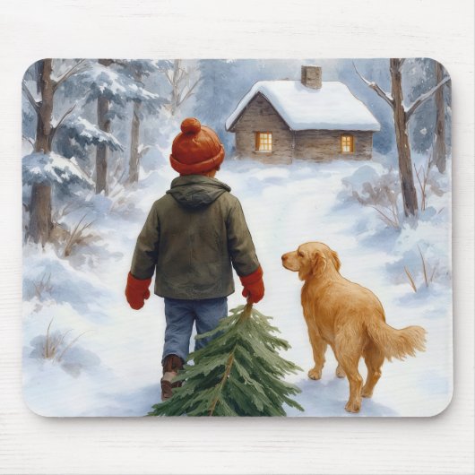 Christmas Boy Dragging an Evergreen Tree Home Muismat (Voorkant)