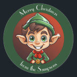 Christmas Boy Elf Ronde Sticker<br><div class="desc">Breng deze speelse kerstelf in uw vakantieprojecten voor een vleugje grillen. Pas de tekst aan volgens uw voorkeuren.</div>