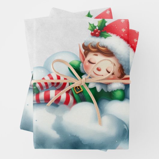 Christmas Boy Elf slaapt op een wolk Inpakpapier Vel (In situ)