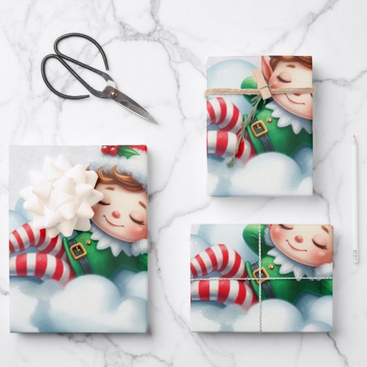 Christmas Boy Elf slaapt op een wolk Inpakpapier Vel (Voorkant)